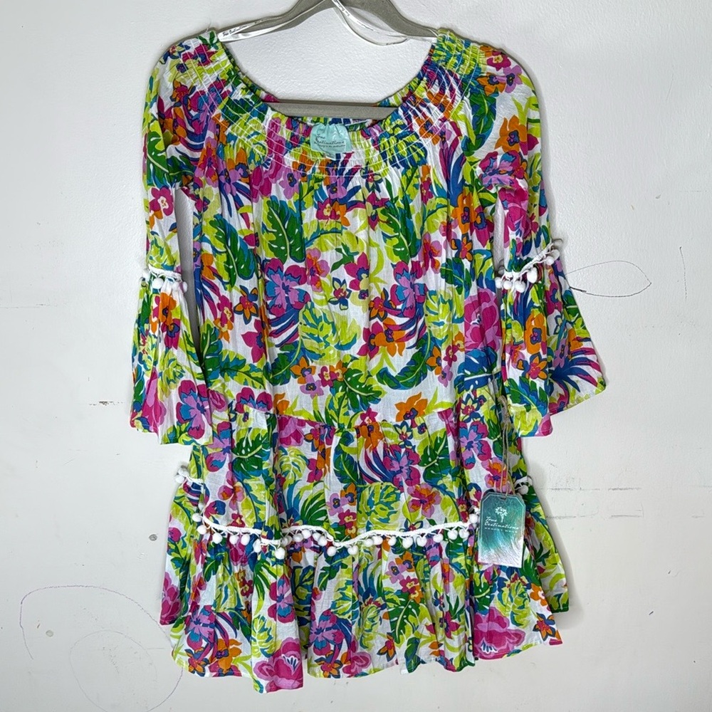 True Destinations Floral Multicolor Pom Pom Detail Mini Dress Size Small NEW!